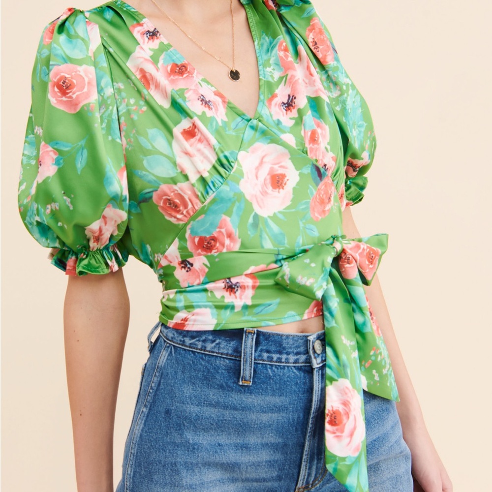 Floral Wrap Top in Green by Kourt